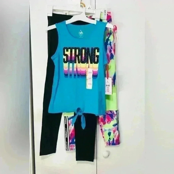 Justice Girl Bundle Tye Dye Black Leggings Blue Strong Tank Top size Large 12-14 - Picture 1 of 13